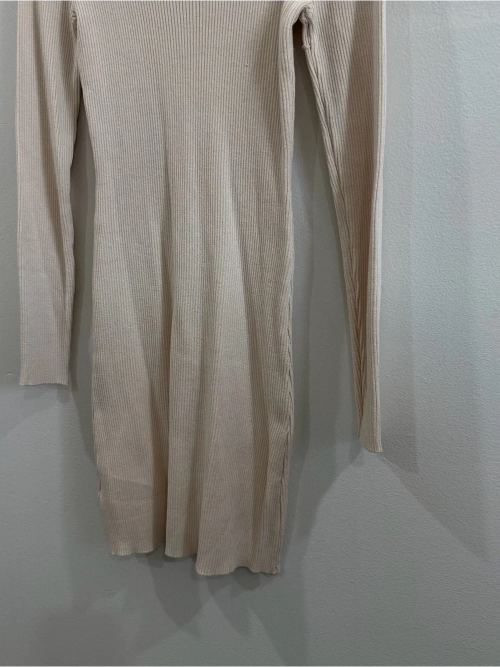 Long Sleeve Ribbed Turtleneck Dress - Beige
